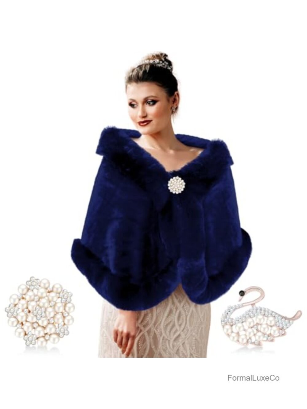 Faux Fur Shawl Wrap with 2 Rhinestone Brooches